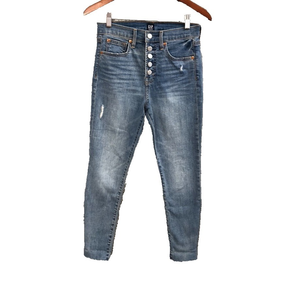 Gap Denim True Skinny High Rise Jeans‎ Womens 27 4 Petite Button Fly Distressed
